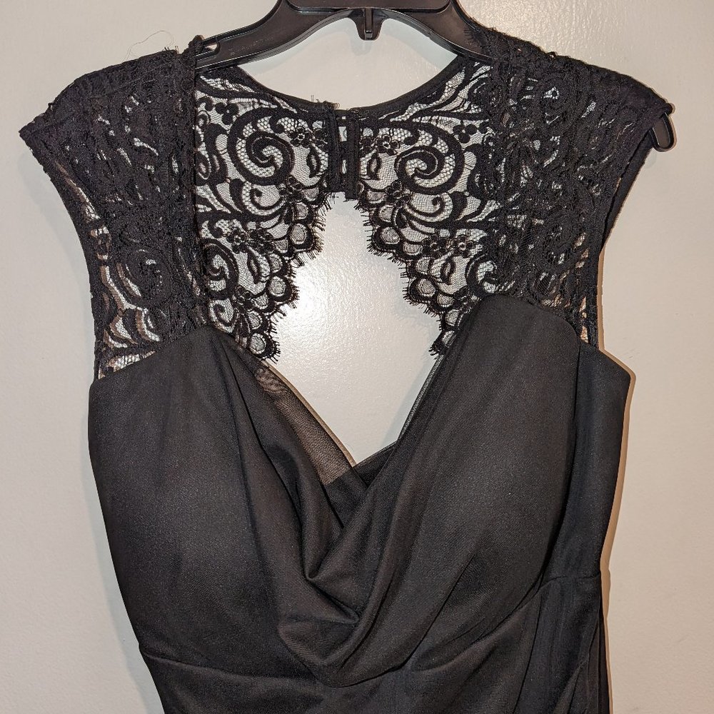 Long formal black gown with lace top and draped skirt size 18W